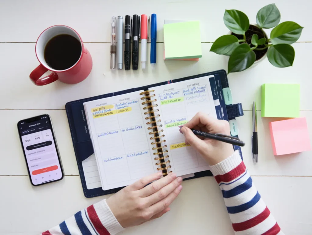 A woman wearing a striped sweater writes in a planner while surrounded by colorful sticky notes, pens, a red coffee mug, smartphone, and small potted plant on a white wooden surface - audit your time