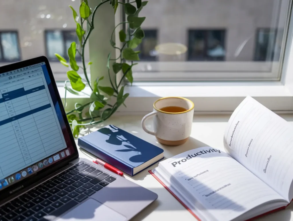 A sunlit workspace featuring a laptop displaying a time tracking spreadsheet alongside a productivity book, ceramic mug of tea, and trailing houseplant by a bright window - audit your time