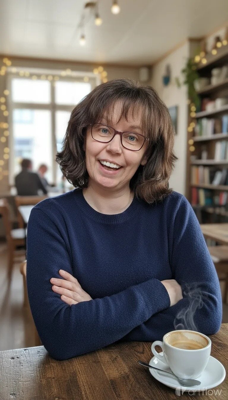 Nicole with her arms crossed sitting at a wooden table in a cozy cafe
