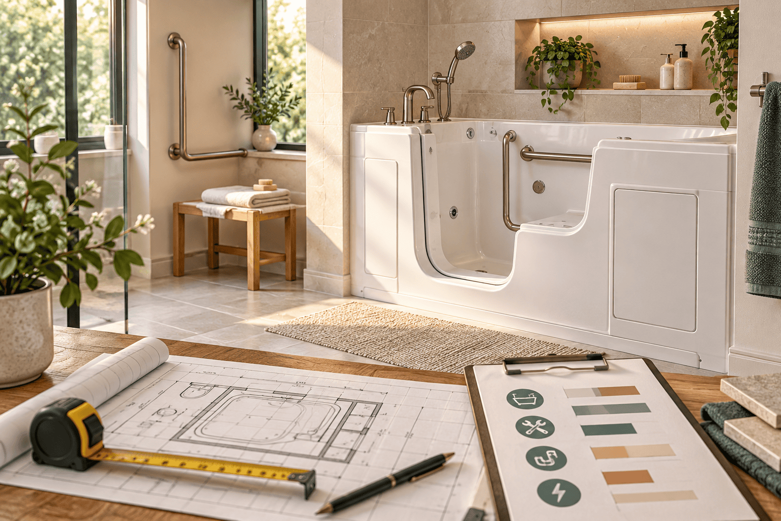 Walk-in tub and walk-in shower comparison for an aging-in-place bathroom