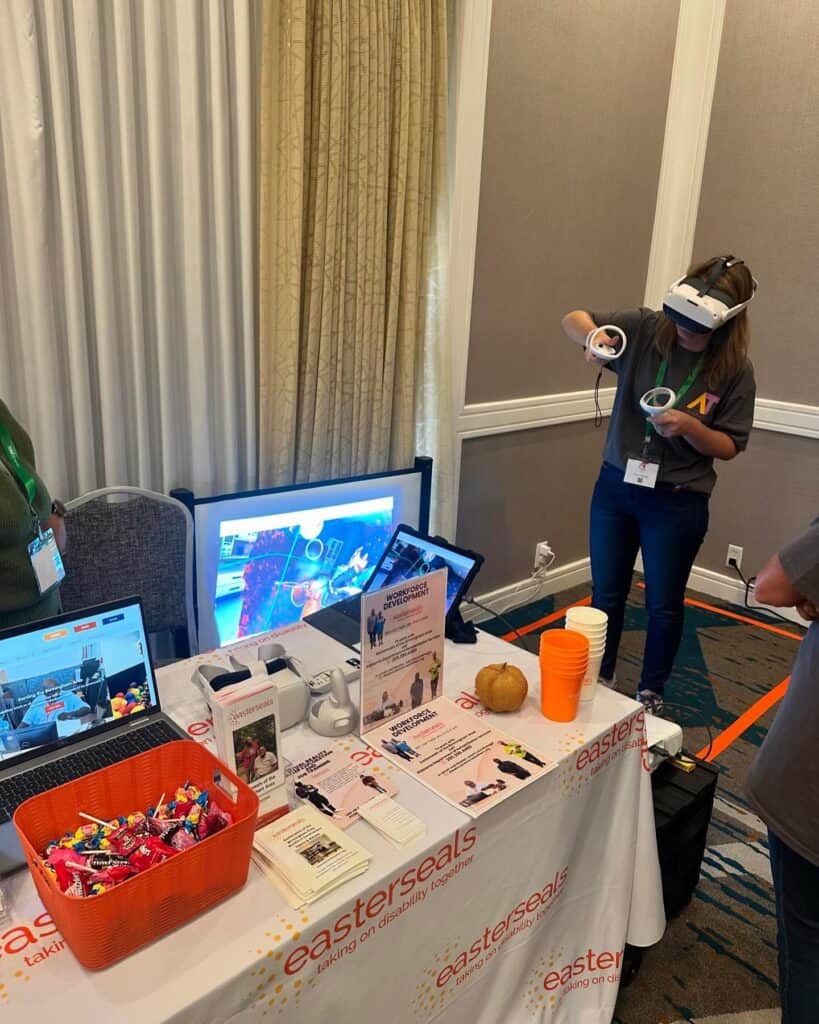 A person uses a VR headset and controllers