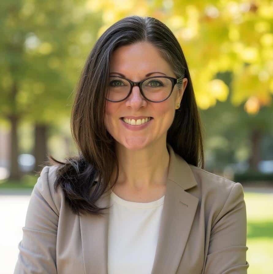 Jessica McKay has long brown hair and glasses. She is smiling outdoors, wearing a beige blazer over a white top.