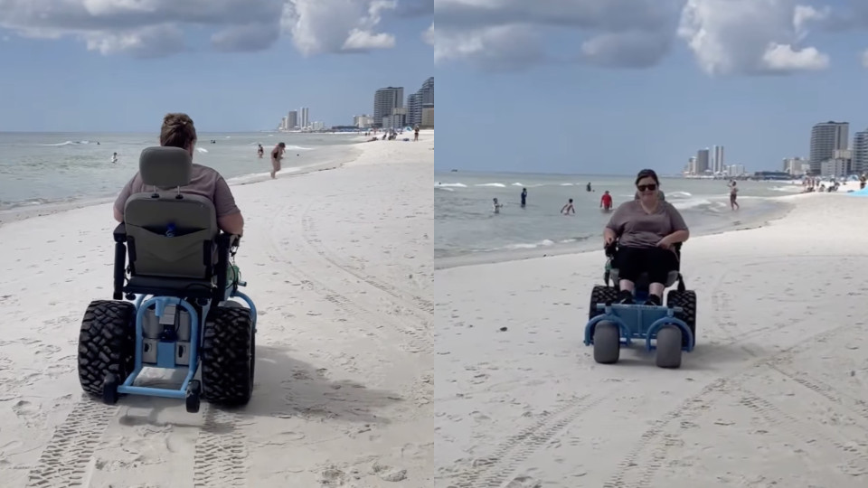 Split image showing Ashley driving a powered beach wheelchair away from the camera on the left and toward the camera smiling on the beach at Gulf State Park on the right