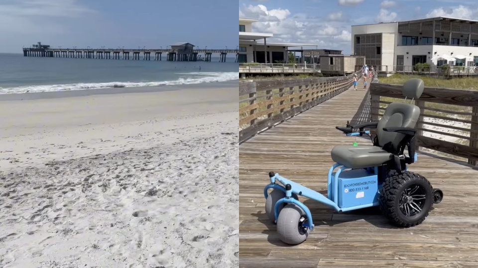Split image showing Gulf State Park beach and pier on the left, and a powered beach wheelchair on a boardwalk near The Lodge at Gulf State Park on the right