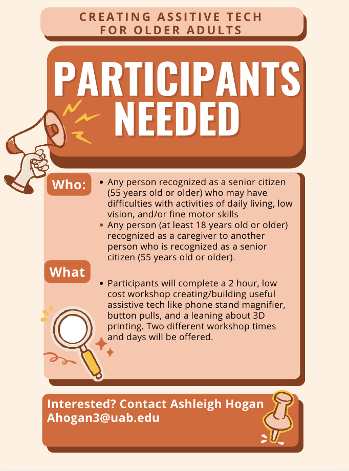 A poster seeking participants for a project creating assistive technology for seniors, with details on who can participate, what the project involves, and contact information.