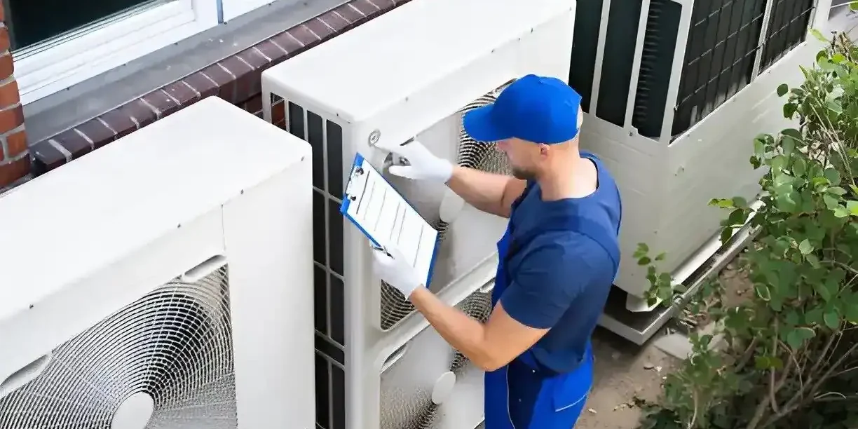 HVAC Technician Inspecting Outdoor Condenser Unit