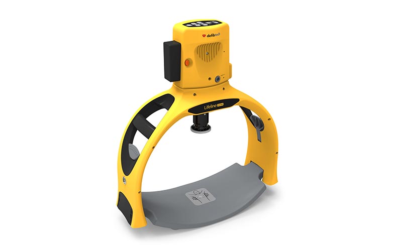 Yellow outdoor AED station with protective stand