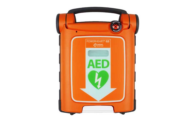 Orange automated external defibrillator (AED) device front view