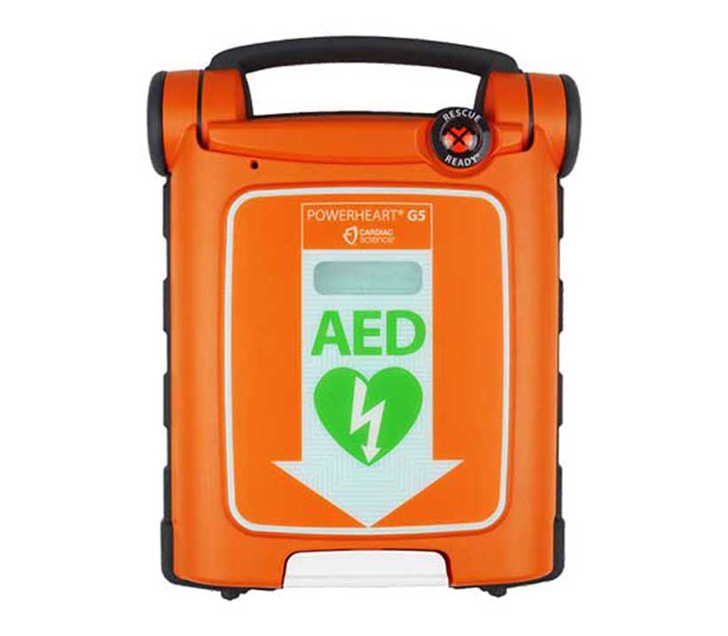 Orange automated external defibrillator (AED) device with handle