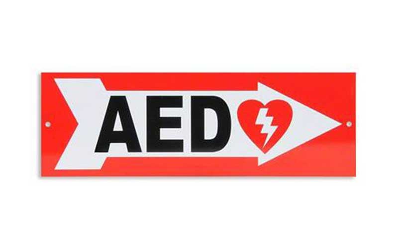 AED arrow sign with heart lightning symbol