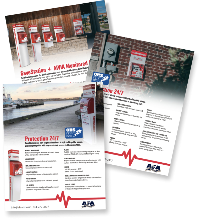 Promotional materials for SaveStation outdoor AED cabinets