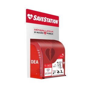 Red SaveStation public access defibrillator cabinet on wall