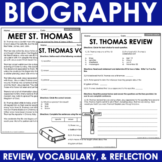 St. Thomas Catholic Saints Reading Passage Word Search Crossword Craft Worksheets - Image 2