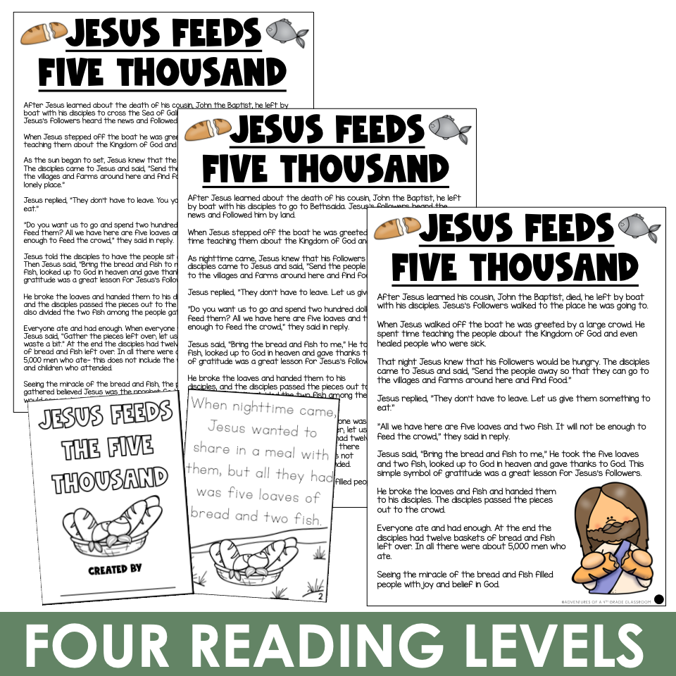 Jesus Feeds Five Thousand differentiated reading passages with four reading levels and cover page