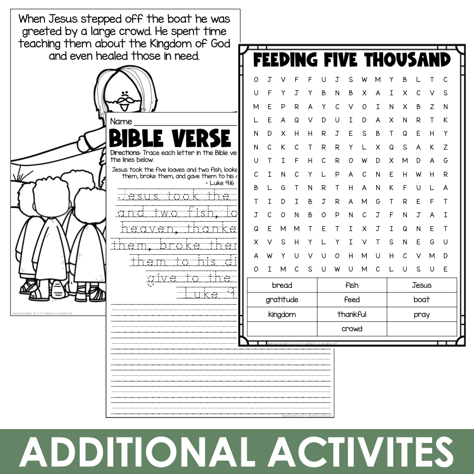 Feeding Five Thousand Bible activities with word search and Bible verse tracing worksheet for kids