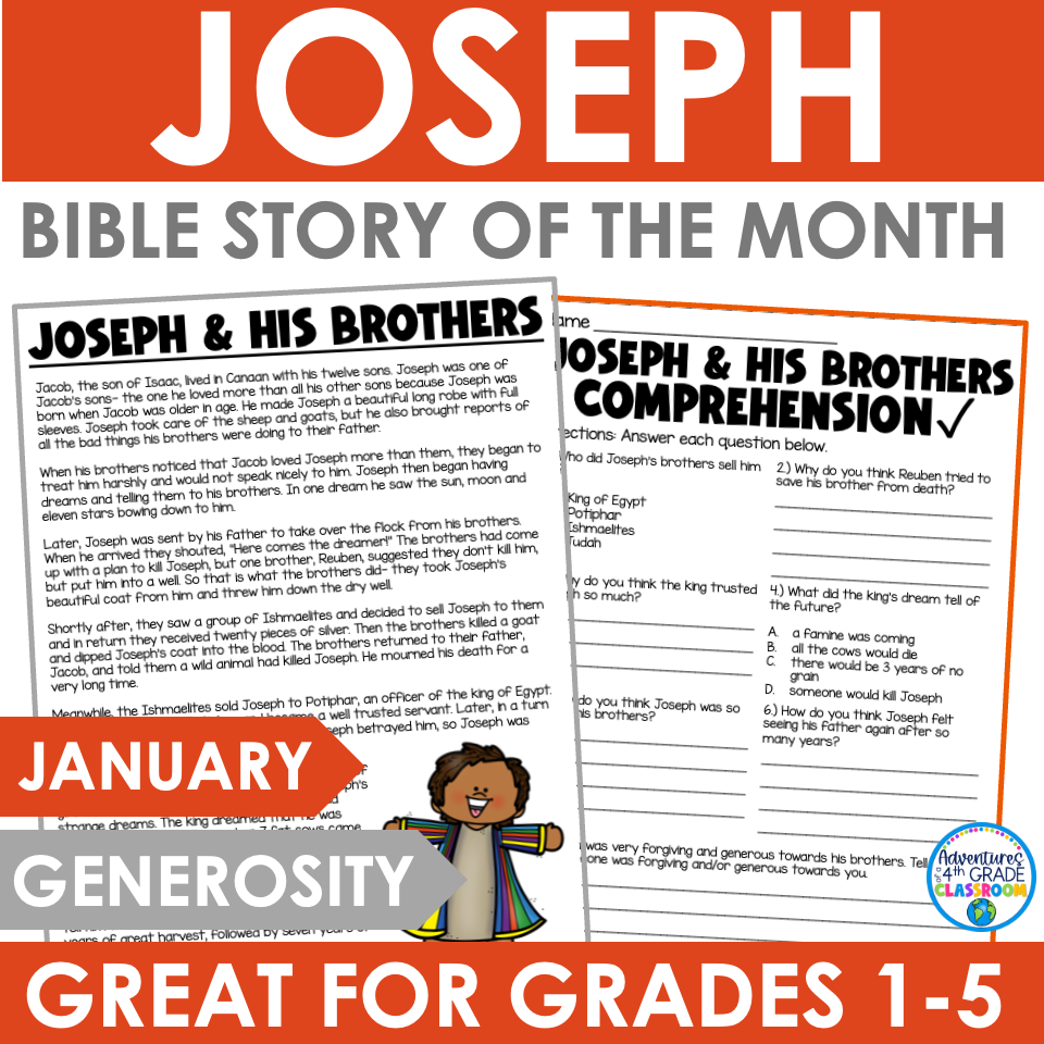 Joseph and His Brothers Bible story of the month reading passage and comprehension worksheet for January, grades 1-5
