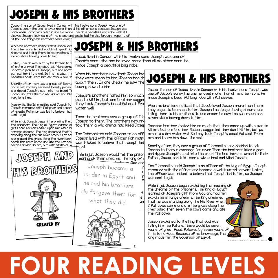 Joseph and His Brothers Bible story reading passages at four differentiated reading levels