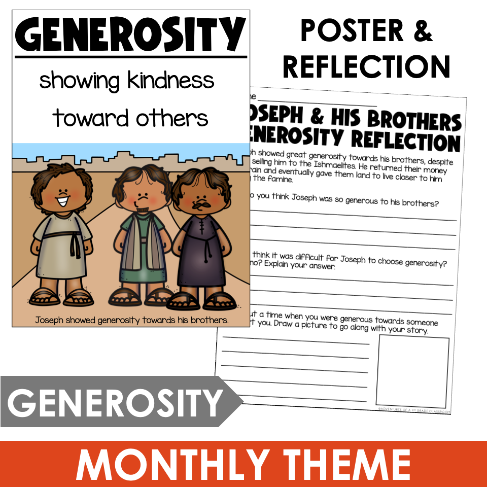Generosity poster and reflection worksheet featuring Joseph and his brothers Bible story - monthly character theme