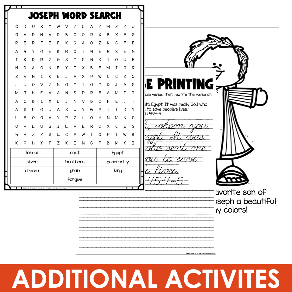 Joseph Bible story activities including word search, cursive printing practice, and coloring page for elementary classroom