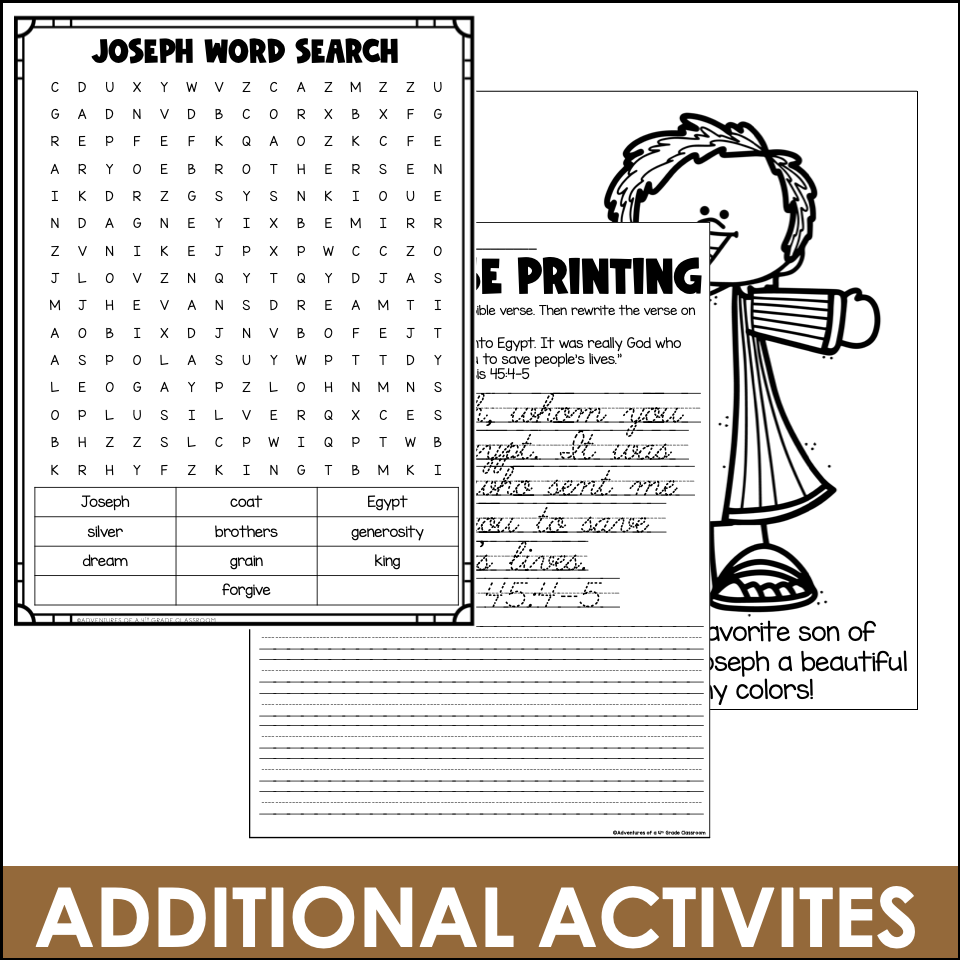 Joseph Bible study activities including word search, cursive verse printing, and coloring page for Genesis lesson