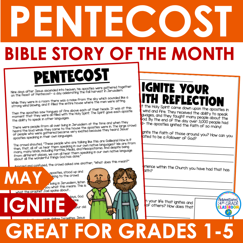Pentecost Bible story of the month reading passage and faith reflection worksheet for grades 1-5