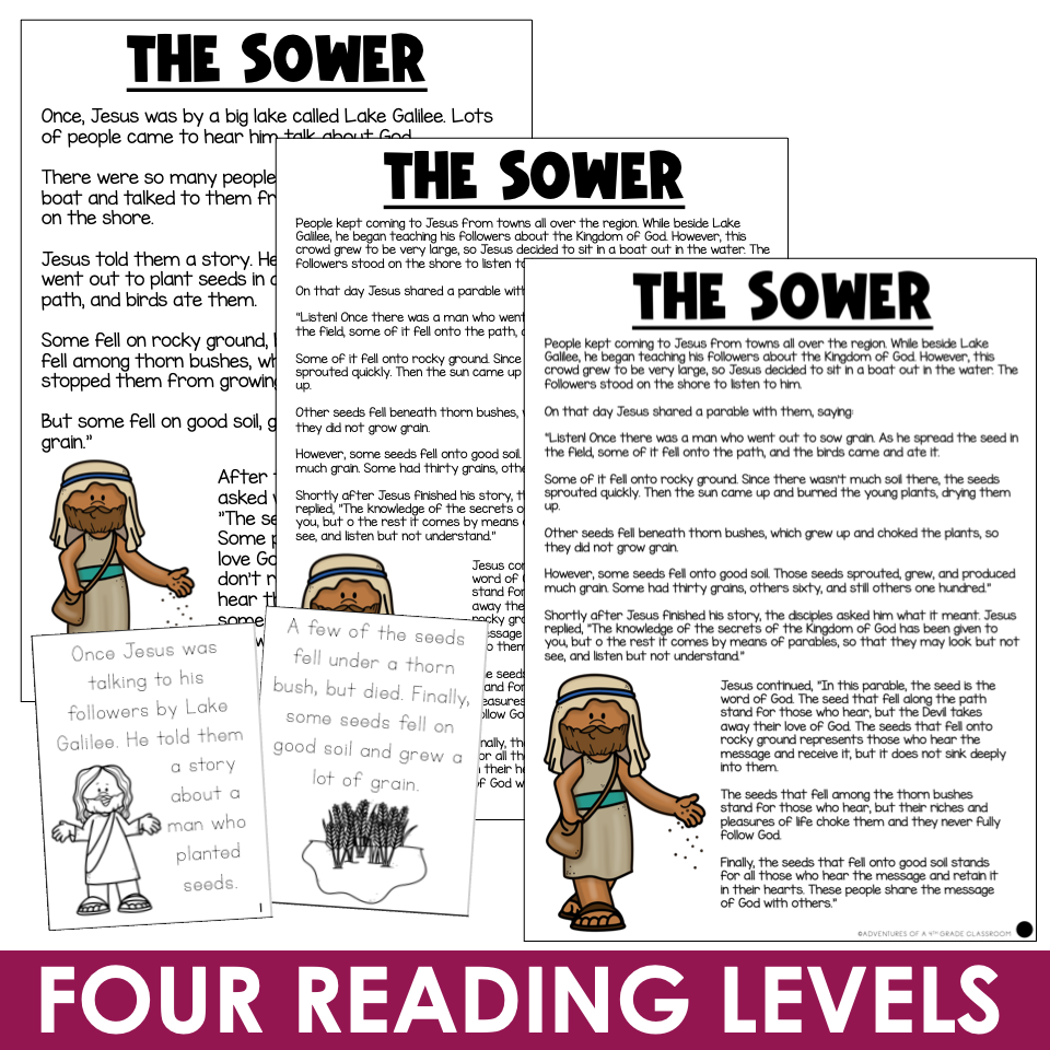 The Sower parable differentiated reading passages in four reading levels for leveled Bible lessons
