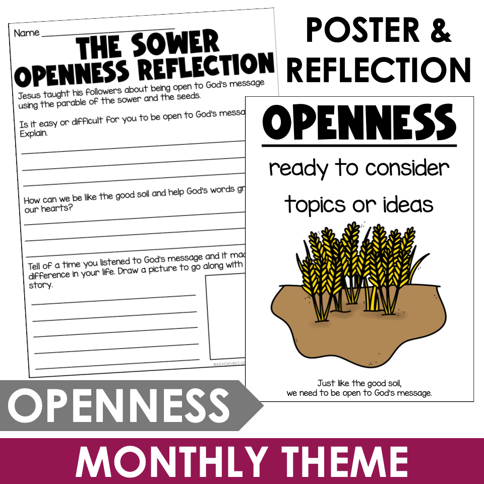 Openness poster and reflection worksheet based on the Parable of the Sower, monthly virtue theme for Catholic classrooms