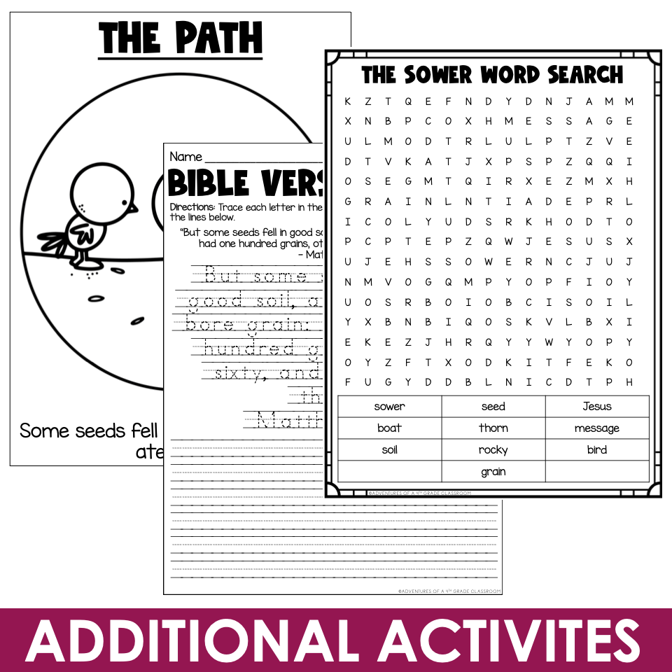 Parable of the Sower activities featuring word search, Bible verse tracing, and path illustration worksheet