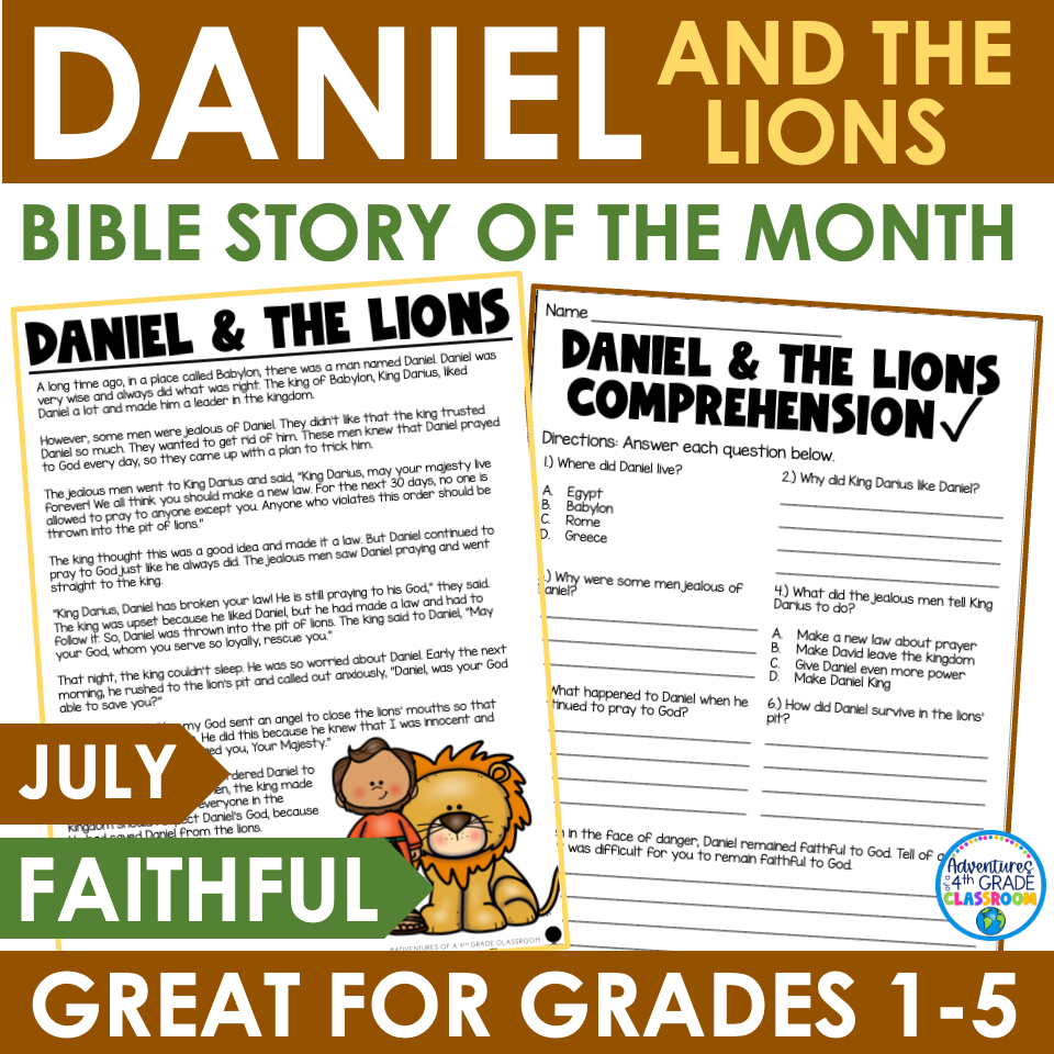 Daniel and the Lions Bible story reading passage and comprehension worksheet for grades 1-5