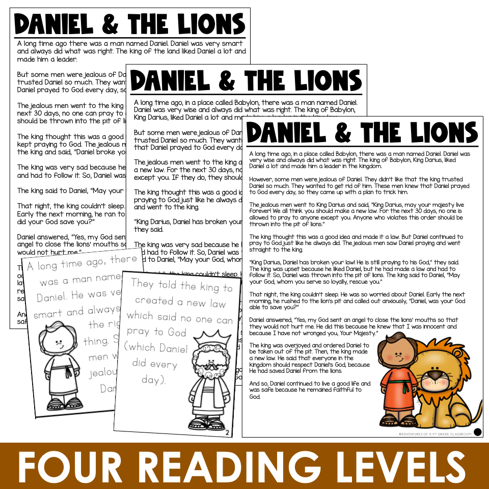 Daniel and the Lions differentiated reading passages in four reading levels for leveled classroom instruction
