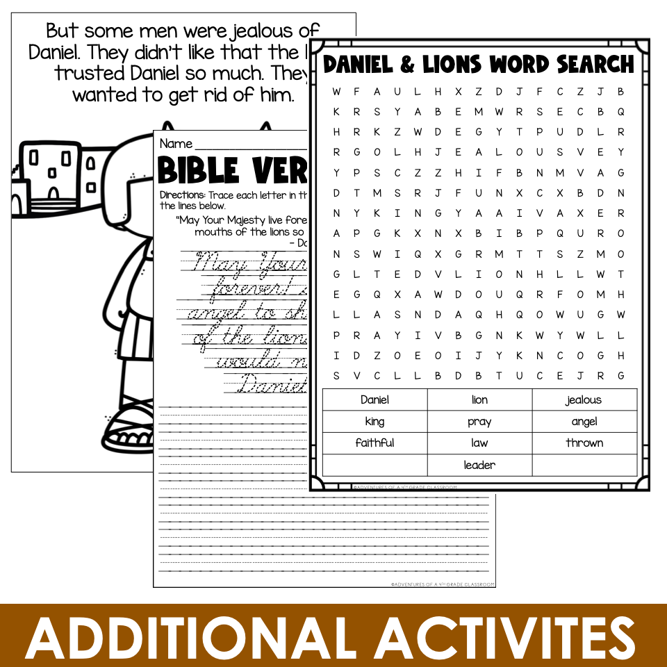 Daniel and the Lions' Den activities including word search, Bible verse cursive practice, and story page
