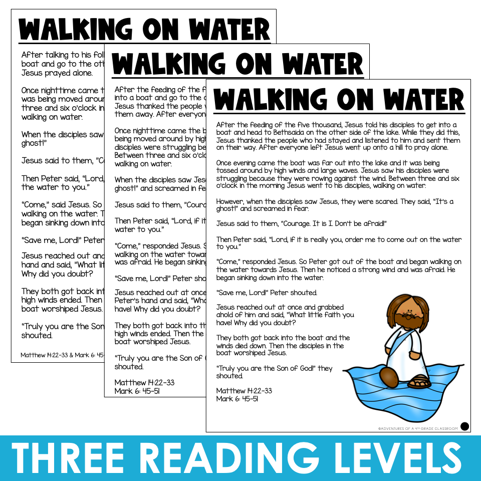 Walking on Water Bible story reading passages in three differentiated reading levels for classroom use