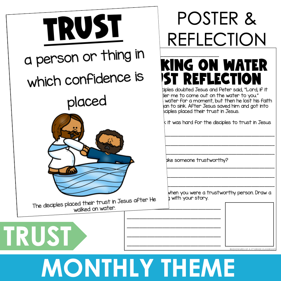 Trust monthly theme poster and reflection worksheet featuring Jesus walking on water for Catholic classroom