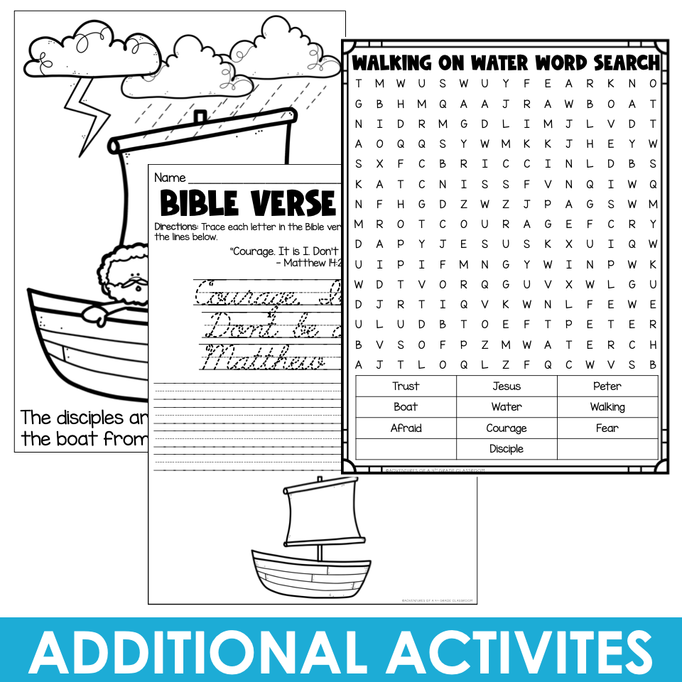 Jesus Walking on Water Bible lesson activities - word search, cursive verse tracing, and boat coloring page for kids