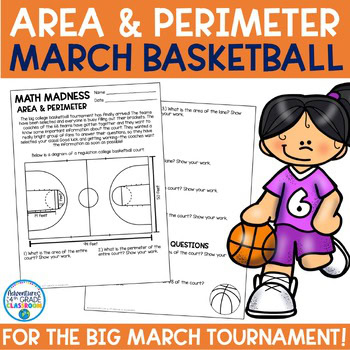 March Madness basketball-themed area and perimeter word problem worksheet for 4th grade math review