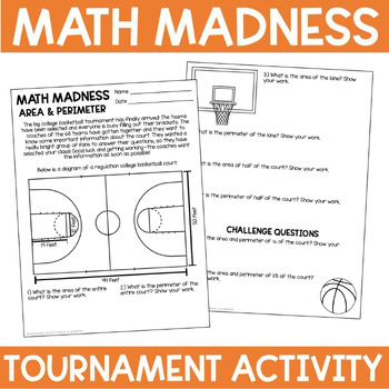 Math Madness basketball-themed area and perimeter word problem worksheet for 4th grade review lesson