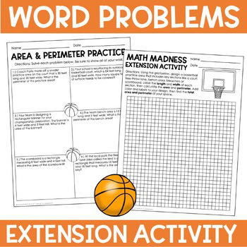 Area and perimeter word problem worksheets with basketball math madness extension activity for 4th grade review lesson