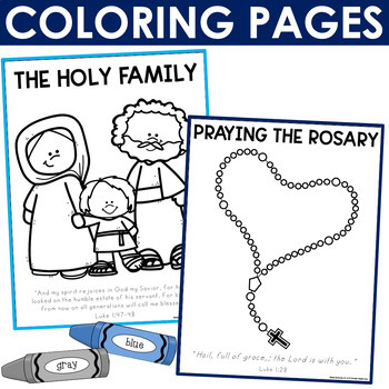 Our Lady of the Rosary coloring pages featuring The Holy Family and Praying the Rosary Catholic printables