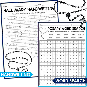 Our Lady of the Rosary Hail Mary handwriting practice and rosary word search Catholic worksheets
