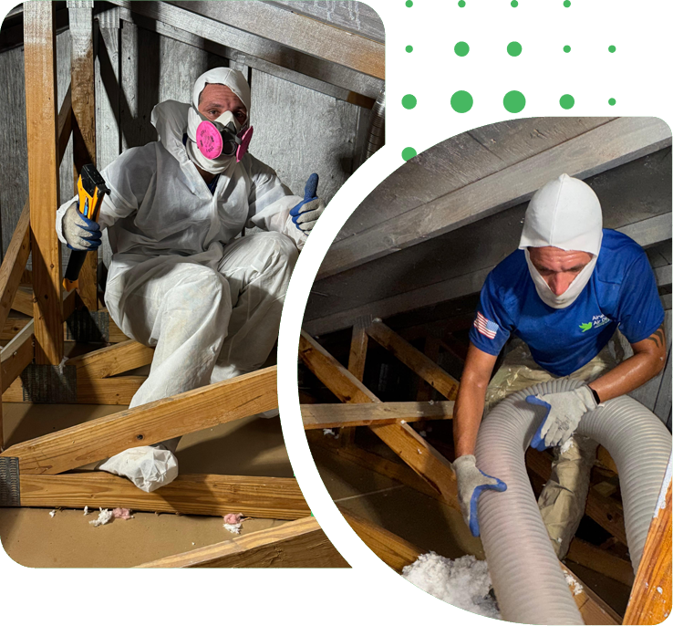http://Two%20workers%20in%20an%20attic,%20one%20giving%20a%20thumbs%20up,%20the%20other%20installing%20insulation.