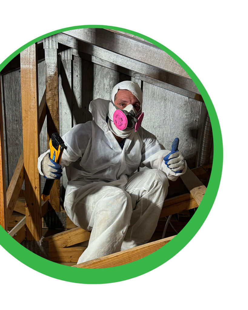 Man in hazmat suit and respirator holding a thermal camera, giving a thumbs up.