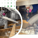 Two workers in protective gear insulating an attic with a hose.