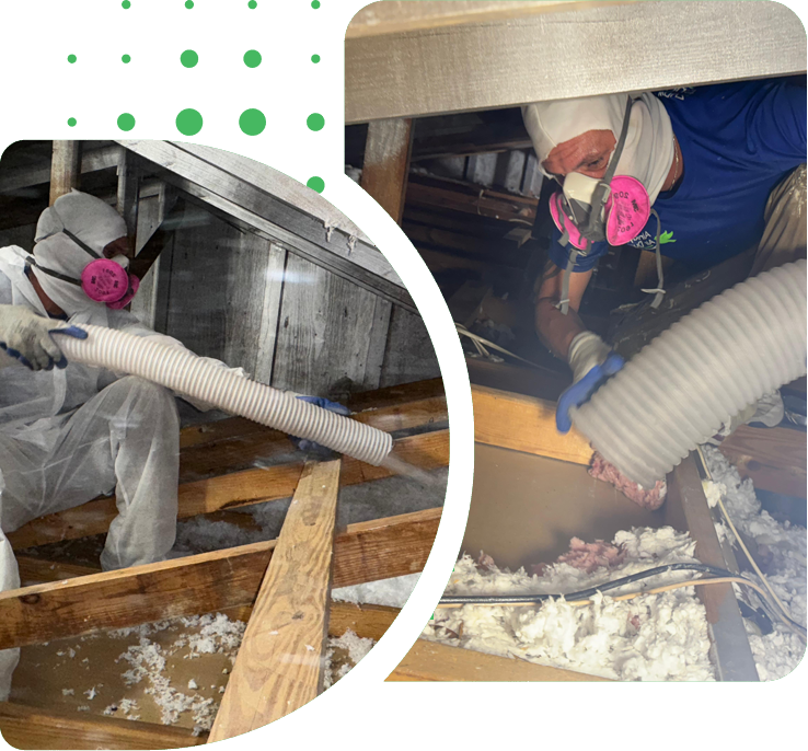 http://Two%20workers%20in%20protective%20gear%20insulating%20an%20attic%20with%20a%20hose.