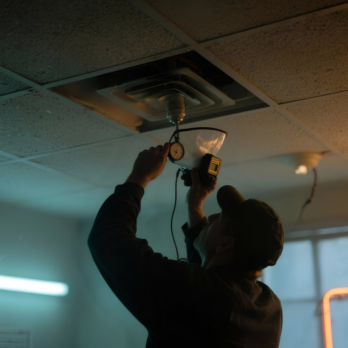 Man in cap using light meter to measure light from ceiling fixture