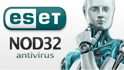 ESET NOD32 antivirus logo with a futuristic robot figure in the background.