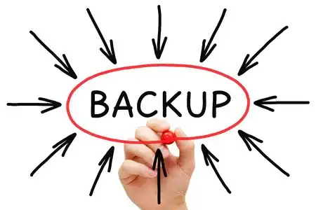 Illustration of backup concept with hand and arrows pointing to backup text.