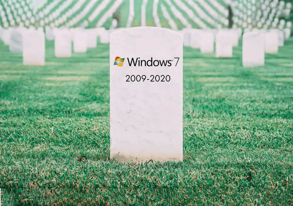 Graveyard with Windows 7 tombstone, 2009-2020, symbolizing end of support.