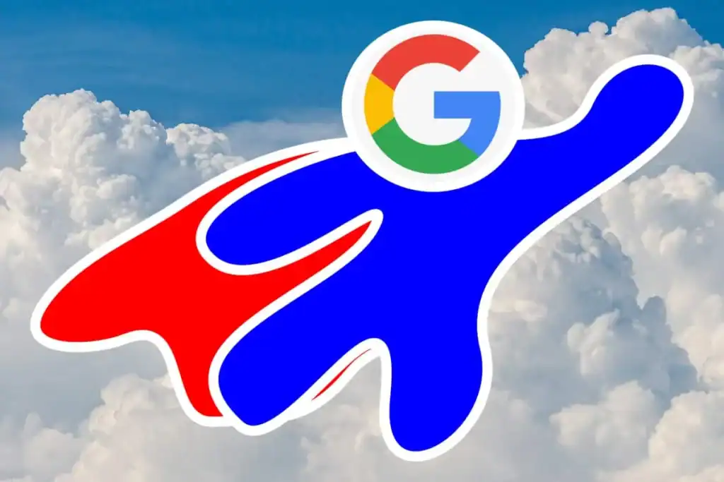 Google logo integrated into a superhero figure with a cape in the sky.