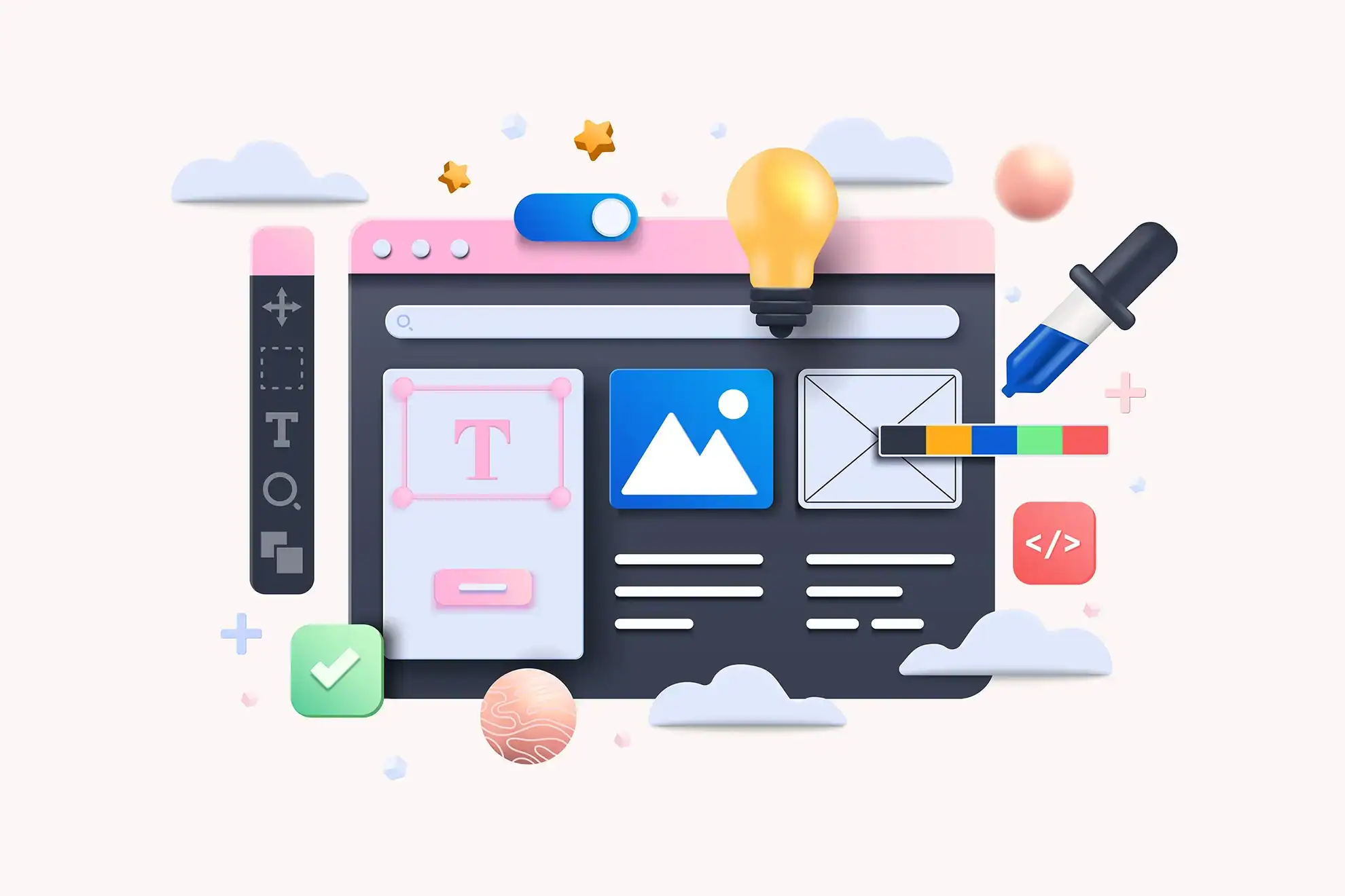 Illustration of a web design interface with tools like text, image, color picker, and code editor surrounded by decorative elements like clouds, stars, a light bulb, and SEO icons for an optimized website.