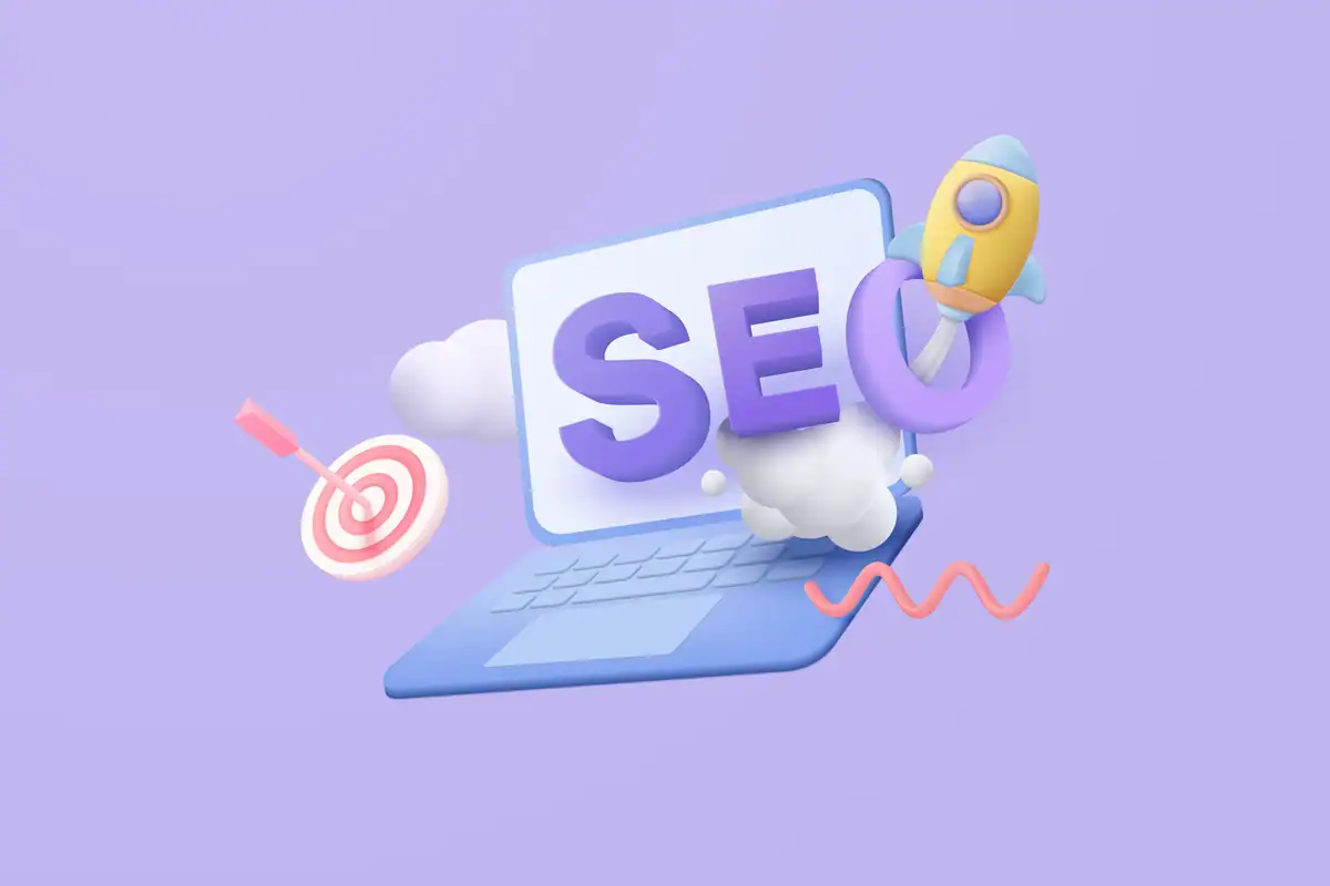 Illustration of SEO concepts with a laptop, target, and rocket for digital marketing.